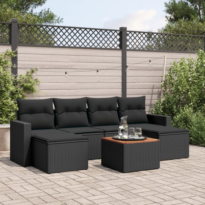 vidaXL - 7-delige - Loungeset - met - kussens - poly - rattan - zwart
