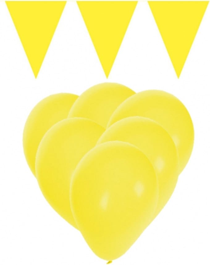 Gele versiering 15 ballonnen en 2 vlaggenlijnen