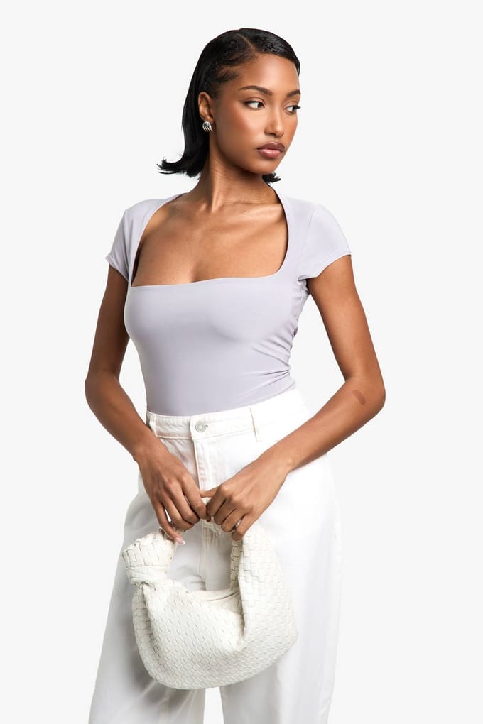 boohoo Dames Dubbel Laag Slinky Square Neck Cap Sleeve Bodysuit | Grey | Maat: 14