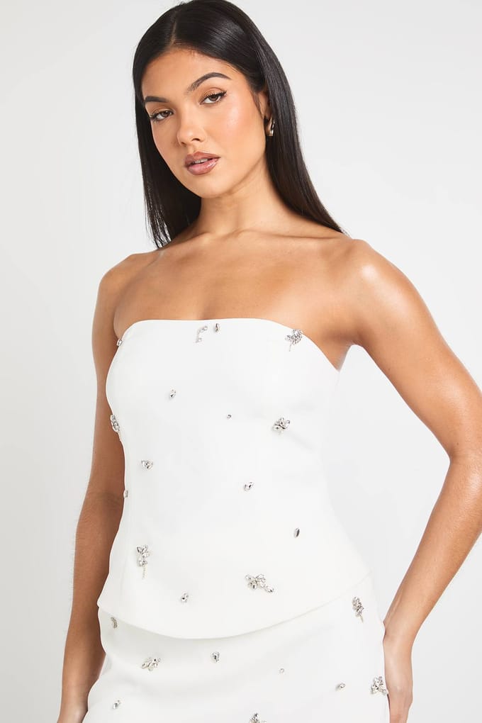 boohoo Dames Diamante Versierd Bandeau Top | Wit | Maat: 34
