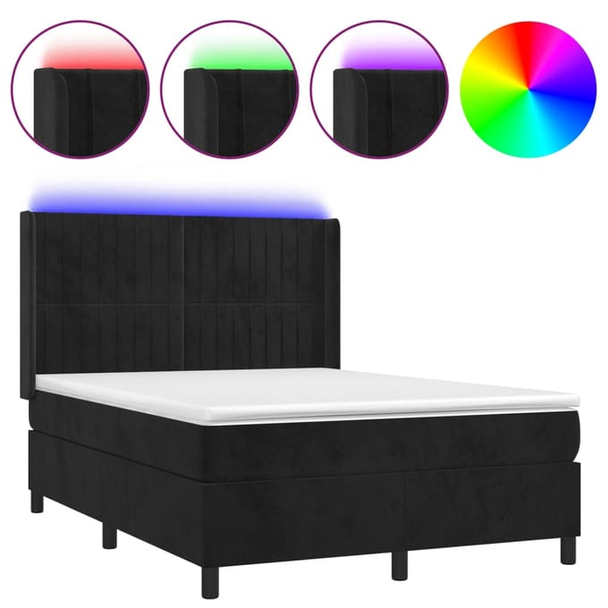 vidaXL - Boxspring - met - matras - en - LED - fluweel - zwart - 140x200 - cm