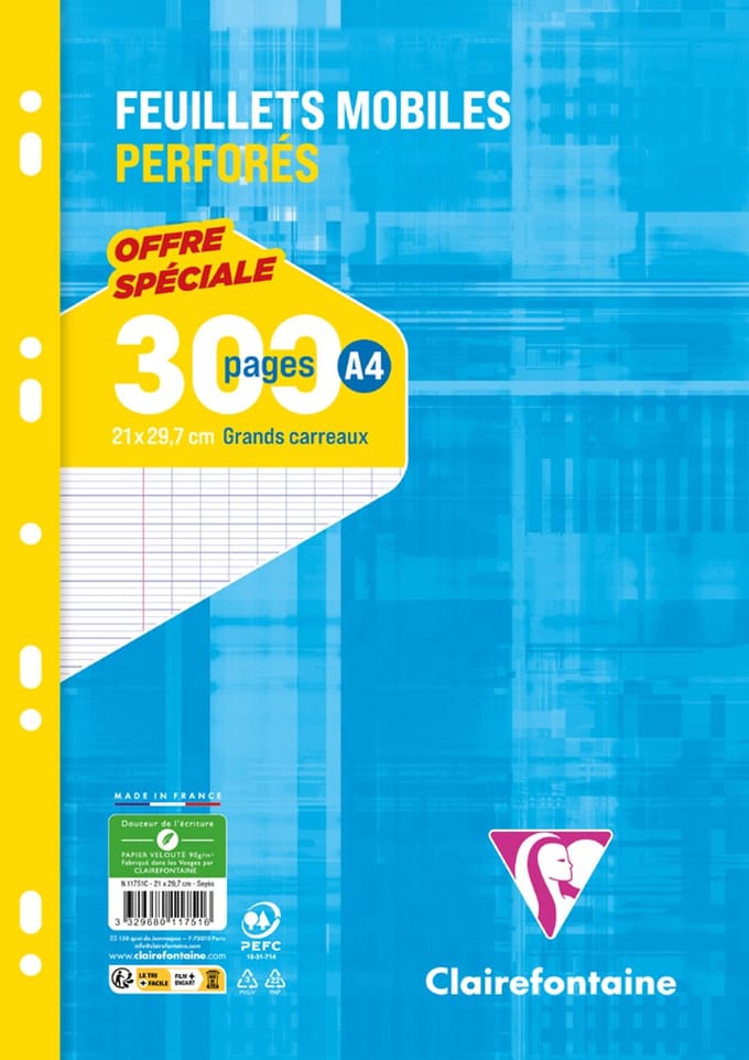 Clairefontaine doorgeperforeerde losse vellen, A4-formaat, geruit 5x5
