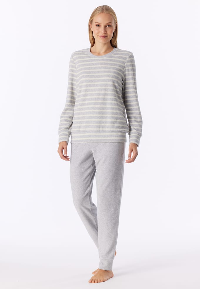 SCHIESSER dames Cotton Essentials Pyjama lang - dames pyjama set - zilvergrijs melange gestreept