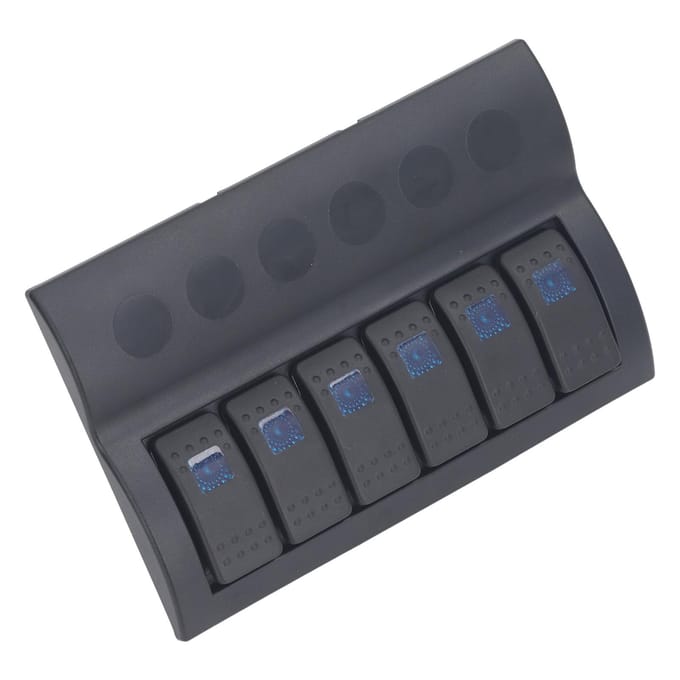 Panneau d'interrupteurs électriques 6 boutons pré-câblé LED bleu Panneau de contrôle d'interrupteurs avec protection contre les surcharges pour bateau camping-car DC12V 24V black