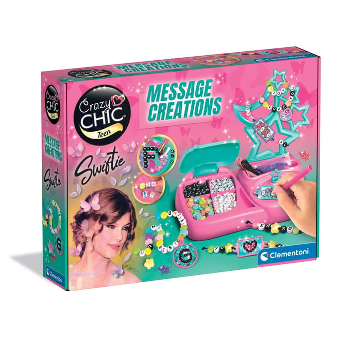 Coffret Bijoux Message Creations Swiftie - Clementoni - Perles, Strass & Cordons Élastiques - Bracelets et Colliers à Personnaliser
