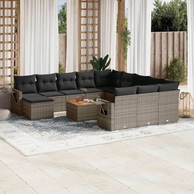 vidaXL - 13-delige - Loungeset - met - kussens - poly - rattan - grijs