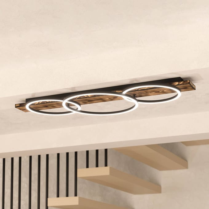 EGLO LED plafondlamp Boyal, zwart, lengte 101 cm, hout, 3-lamps.
