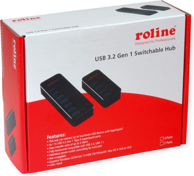 ROLINE USB 3.2 Gen 1 notebook hub, 7 poorten, individueel schakelbaar