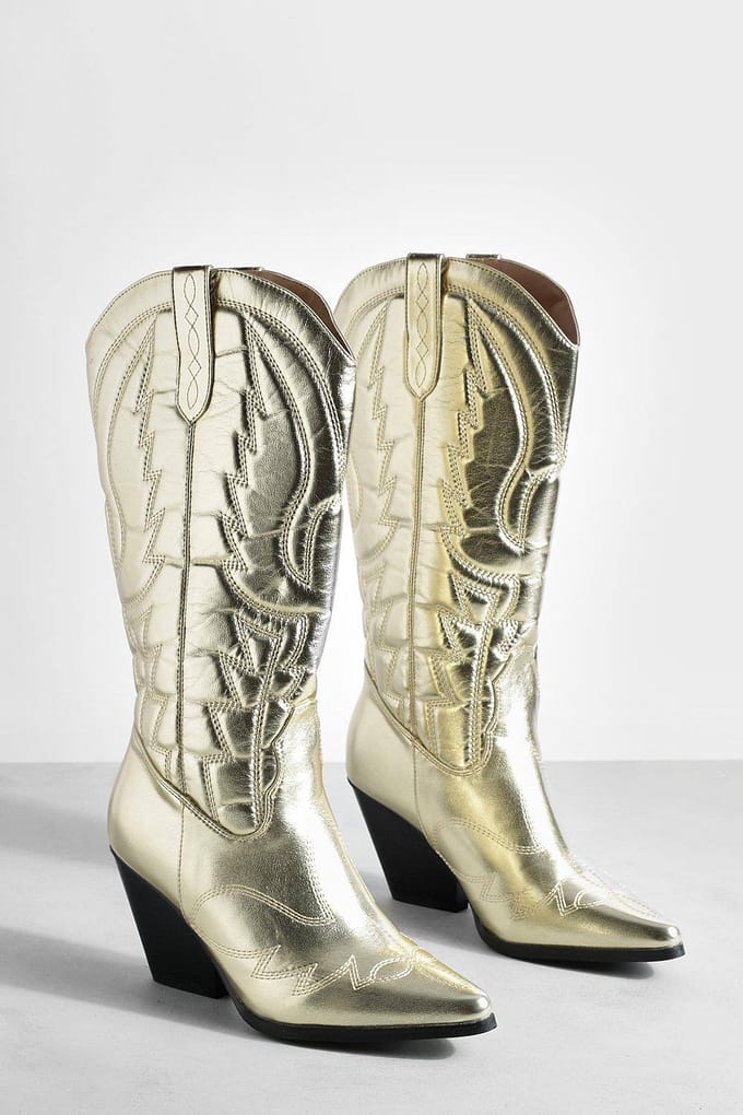 boohoo Dames Metallic Knee High Western Cowboy Boots | Goud | Maat: 37