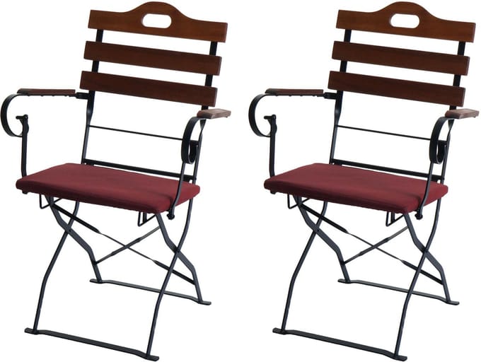 Set van 2 biertuinstoelen MCW-J40, klapstoel tuinstoel, horecakwaliteit acacia ~ bruin, bekleding rood