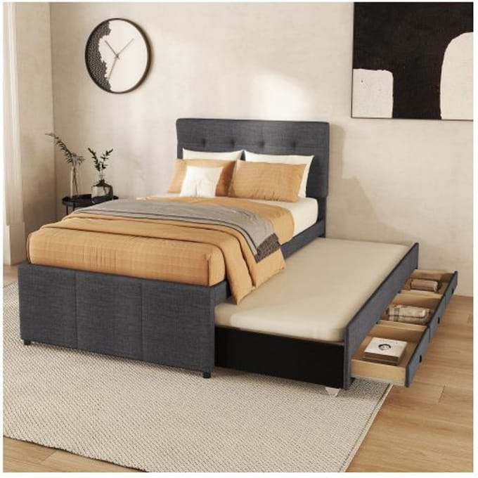 Uitschuifbaar bed - MUVOE - 90x200cm - Verstelbaar hoofdbord - 3 opberglades - Grijs grijs