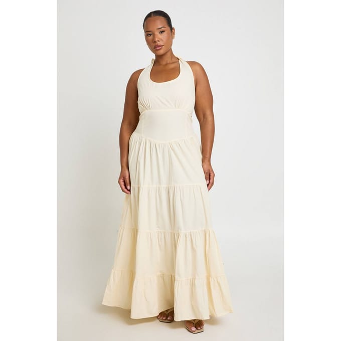 boohoo Dames Plus Halterneck Poplin Maxi Jurk | Citroen | Maat: 44