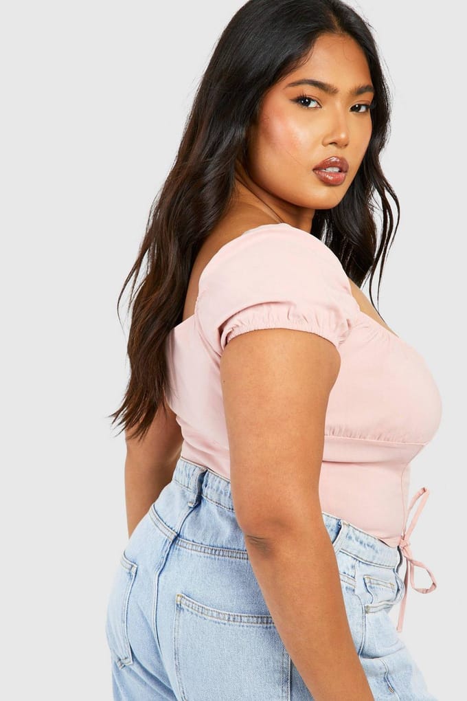 boohoo Dames Plus Milkmaid Pofmouw Bengaline Korset Top | Roos | Maat: 56