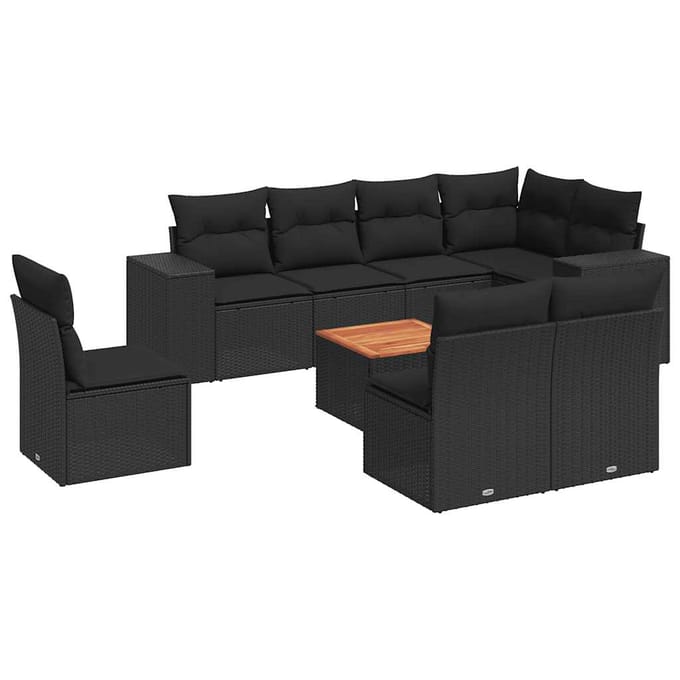 vidaXL - 9-delige - Loungeset - met - kussens - poly - rattan - zwart
