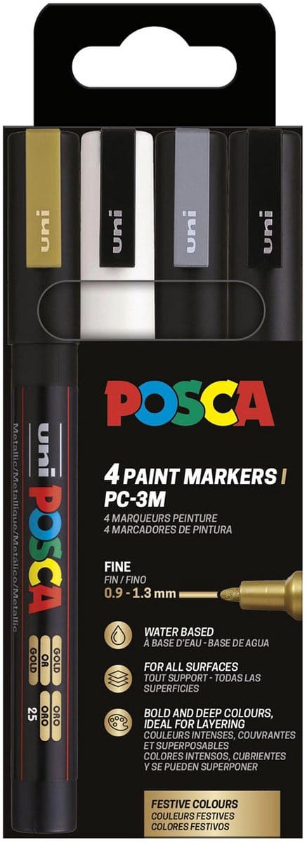 Uni POSCA paintmarker PC-3M | 1 | 5 mm | etui van 4 stuks in goud | wit | zilver en zwart