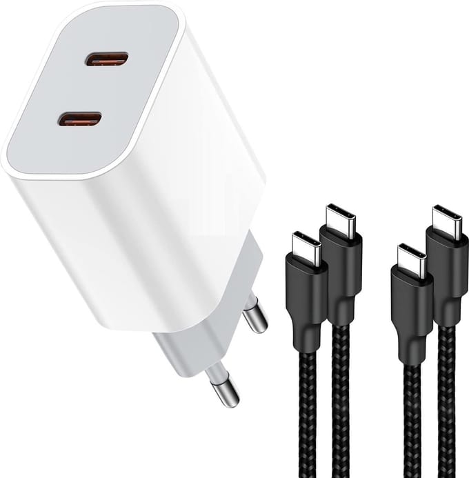 35W Dubbele USB C Oplaadstekker + 2x Nylon USB-C Kabel - USB C naar USB C - 35 Watt - GaN Snel Lader - Super Fast Charge