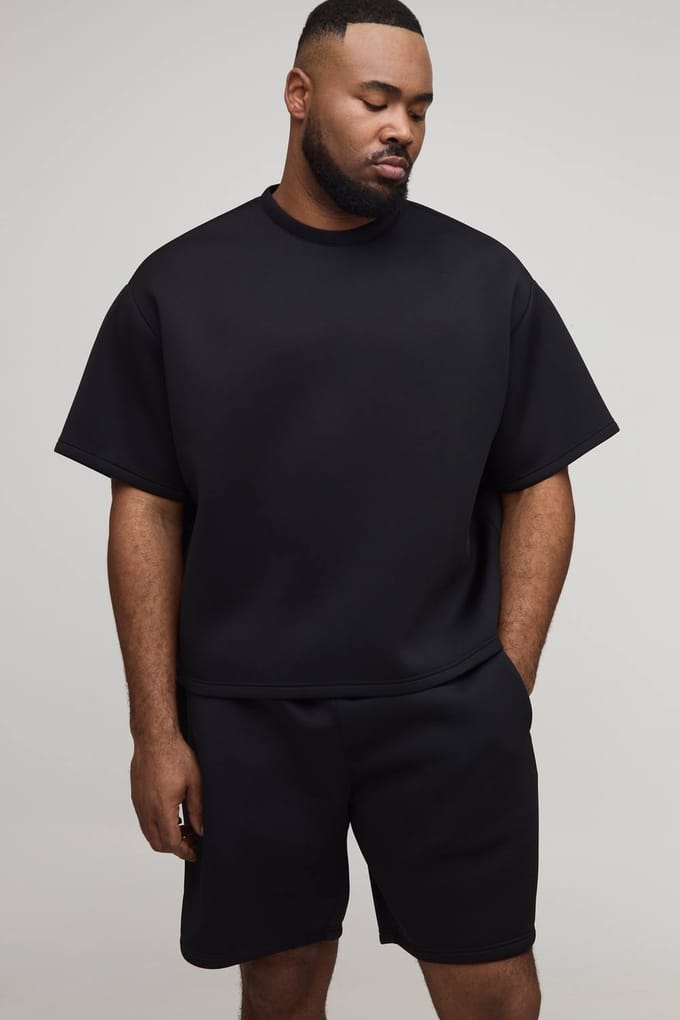 Plus Oversized Boxy Bonded Scuba T-Shirt & Relaxed Short Set | Black | Size 3XL