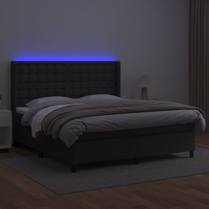 vidaXL - Boxspring - met - matras - en - LED - kunstleer - zwart - 160x200 - cm