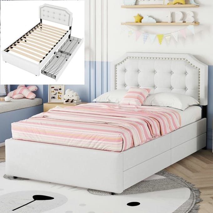 Eenpersoonsbed 90x200 / Opbergbed – Siernagels – met Opbergruimte, Lades, Lattenbodem – MDF – Beige – met 2 Lades en Nachtkastjes
