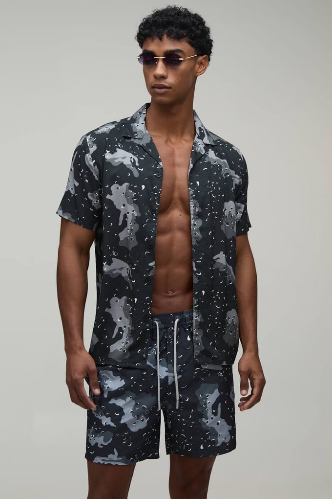 Camouflage Bedrukt Shirt & Zwemshort Set | Charcoal | Size Medium