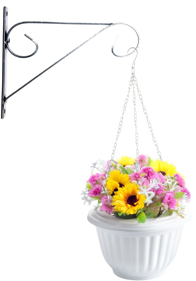 Hangpot + Muurhaak Cuneo - wit - D20 cm - kunststof - metaal - tuinaccessoires