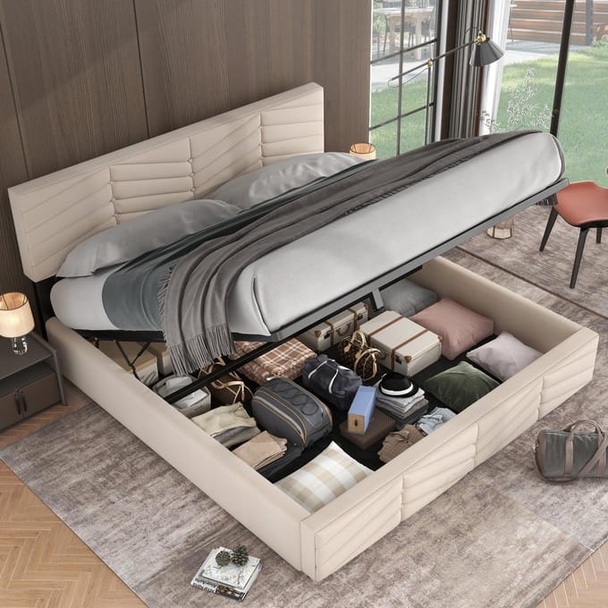 Gutent-Gestoffeerd bed 160 x 200 cm-tweepersoonsbed-hydraulisch bediend bed-fluweel-beige