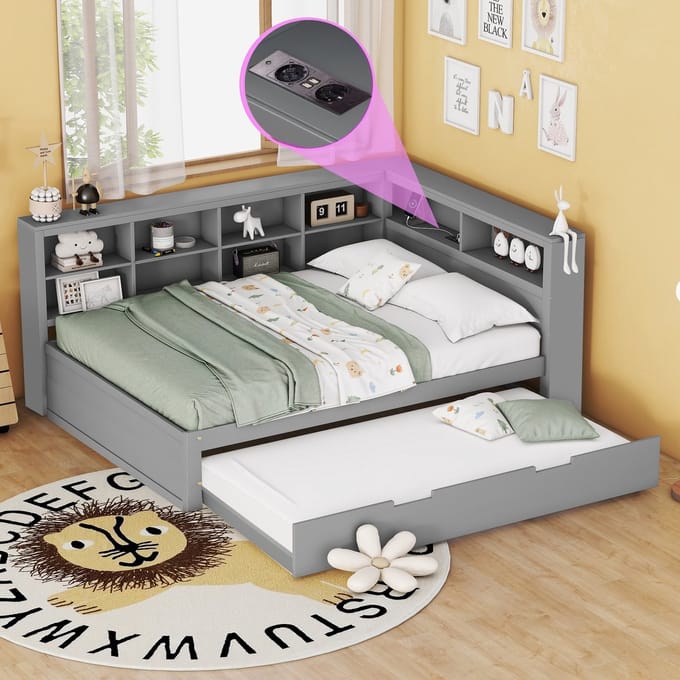 PHOEBE CAT Slaapbank - 140×200 cm - met uitschuifbaar bed - USB-aansluiting - opbergvak - grijs