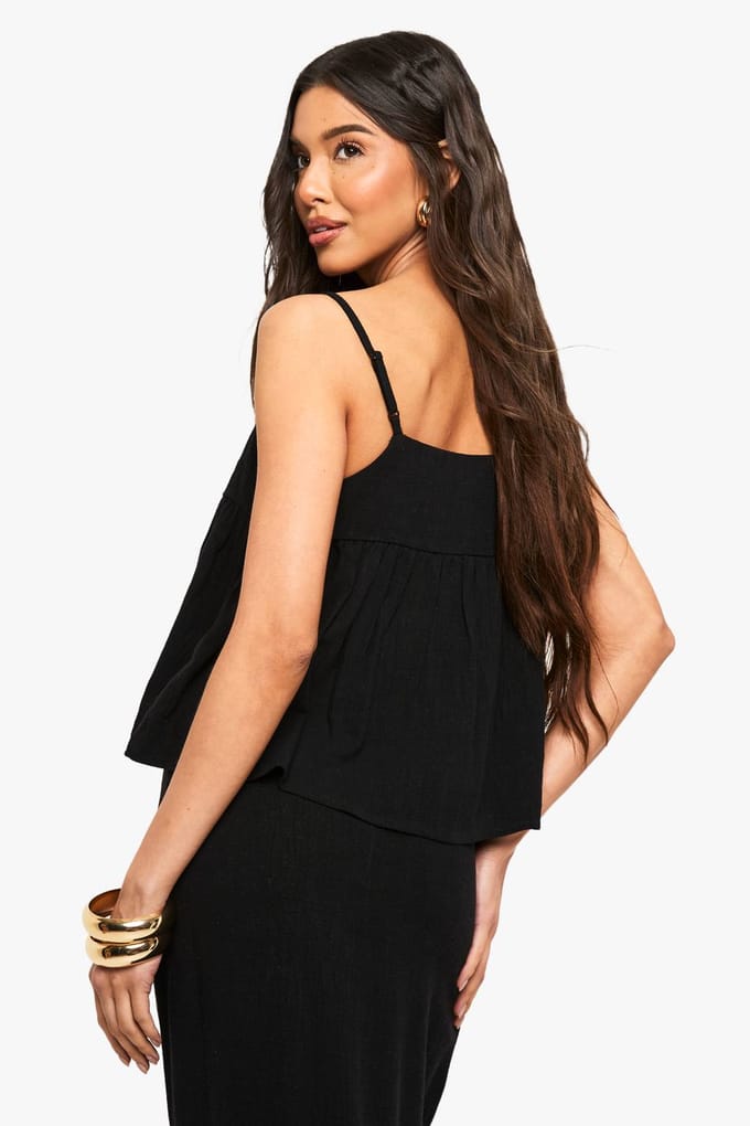 boohoo Dames Linnen Look Peplum Cami | Black | Maat: 6