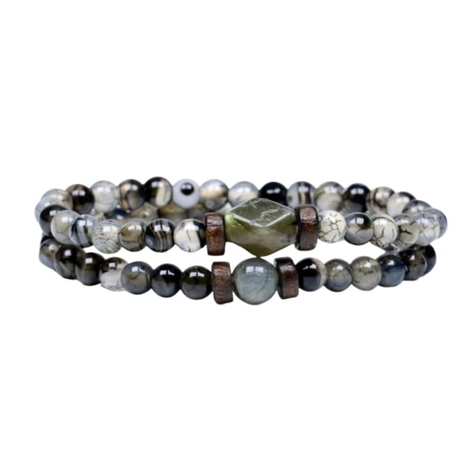 Marama - armbanden set Venice Grey - herenarmband - edelsteen Labradoriet en Maansteen - set van 2 - elastisch