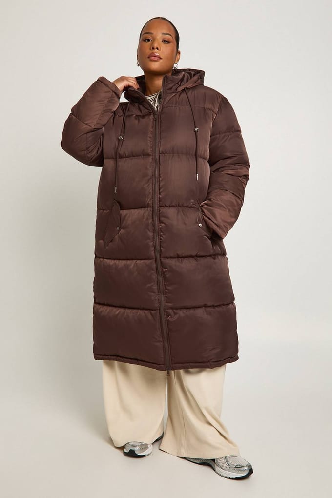boohoo Dames Plus Longline Pufferjas | Chocolate | Maat: 16