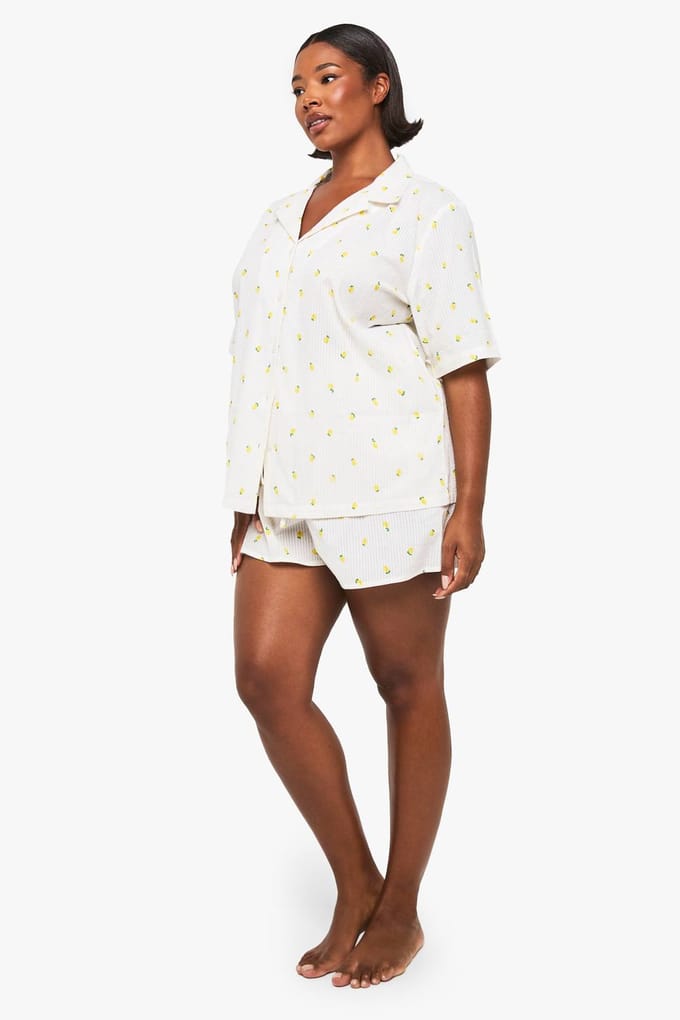boohoo Dames Plus Lemon Print Waffle Shirt PJ Top | White | Maat: 16
