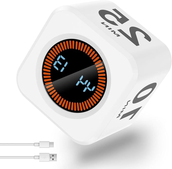 Rotating Visual Cube Pomodoro Timer - Compact en Draagbare Countdown Timer voor Concentratie, Productiviteit en Studie (Wit)