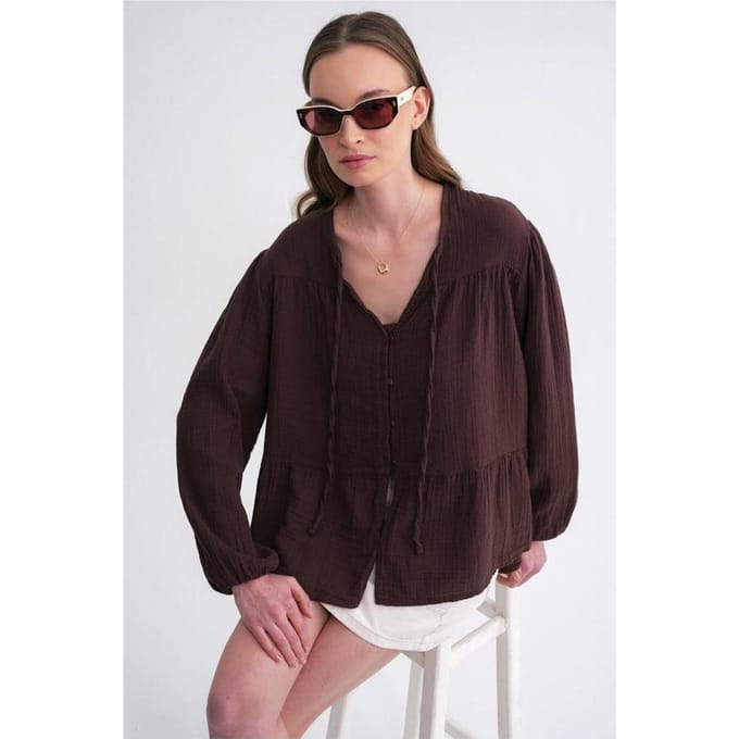 Lange Mouwen Losse Blouse met Strikhals
