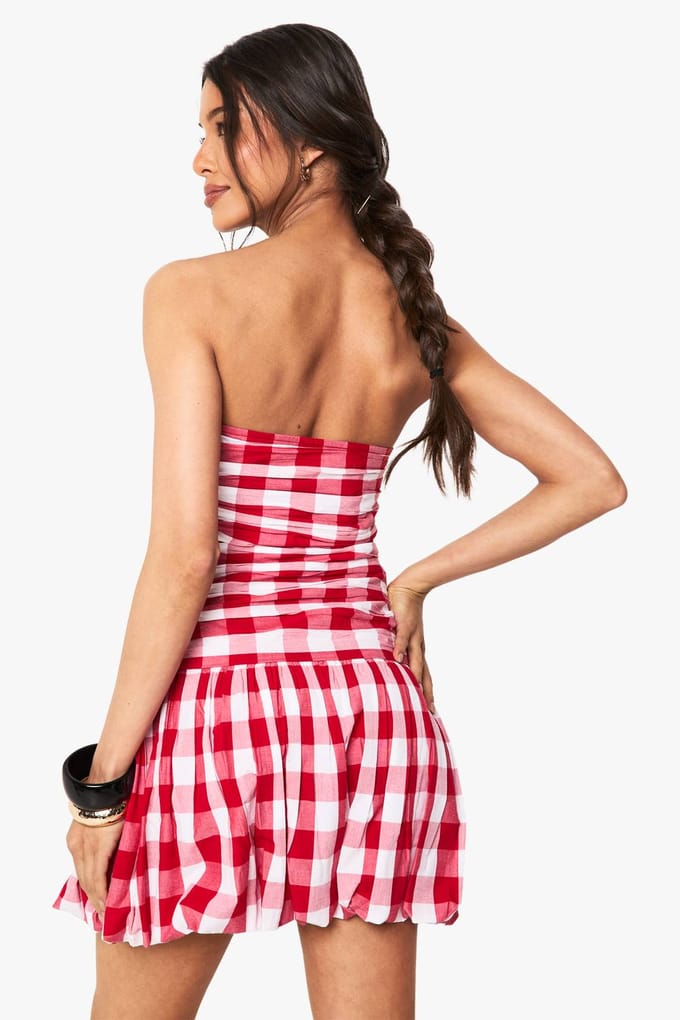 boohoo Dames Gingham Puffball Bandeau Mini Jurk | Rood | Maat: 38