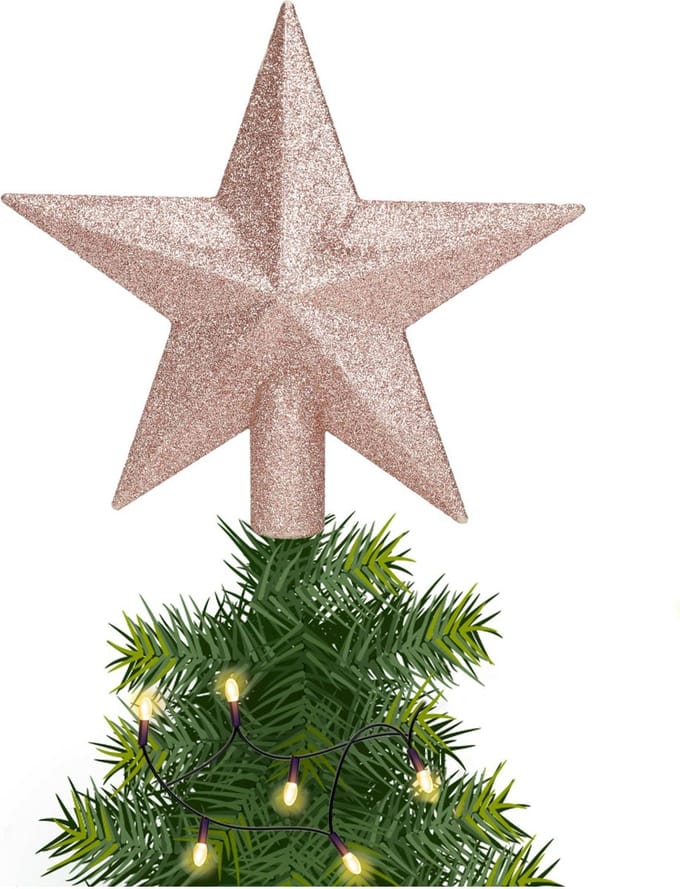 Decoris kerstboom piek - 1x - ster vorm - lichtroze - glitter - 19 cm - kunststof - kerstpiek