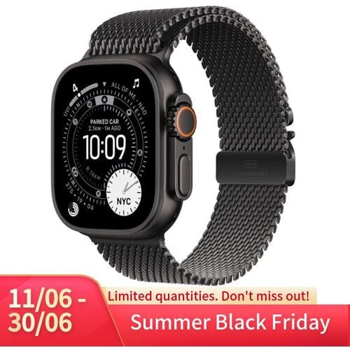 Apple Watch Ultra 3 Cellular 49mm Black Titanium Case with Black Titanium Milanese Loop - Medium