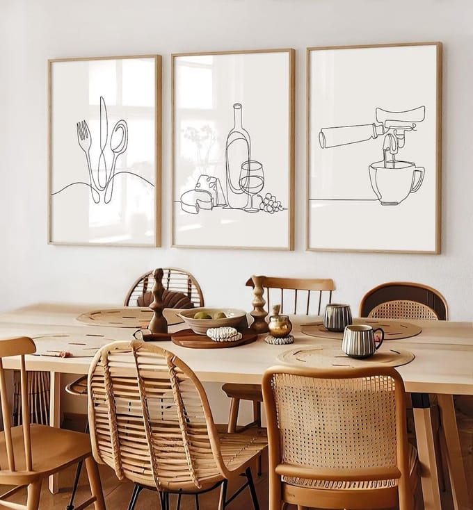 Lijntekening Keuken Muurkunst Moderne Zwart-Wit Abstracte Posters Prints voor Eetkamer