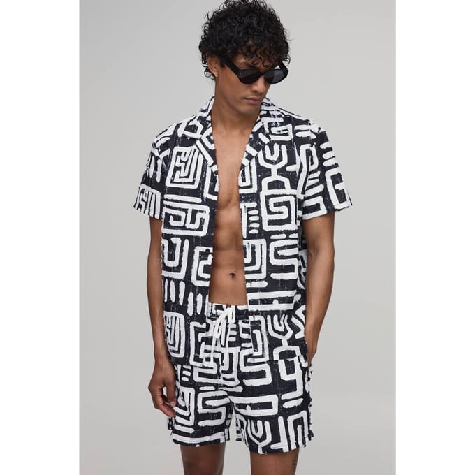 Getextureerd Geometrisch Bedrukt Regular Shirt & Relaxed Short Set | Black | Size XL