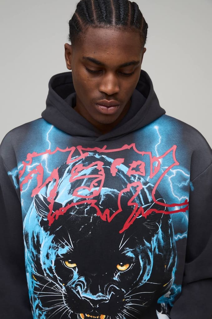 Oversized Boxy Gewassen Panther Over Seam Grafische Hoodie | Charcoal | Size Medium