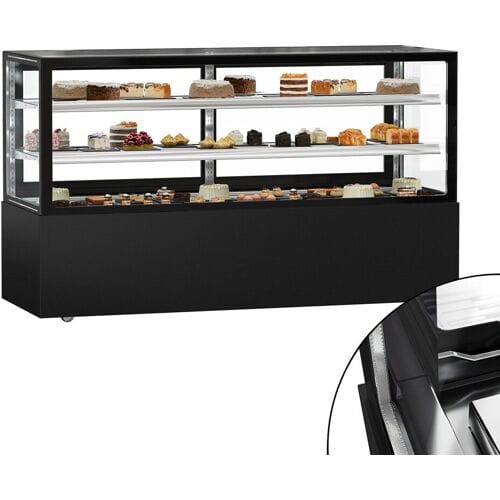 GGM Gastro Gekoelde gebaksvitrine MADRID - 890 liter - 2000mm - schuifdeuren - met 2 glazen plateaus - zwart mat - NL zwart