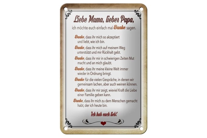 Blechschild Spruch 12x18cm Mama Papa hab euch lieb danke