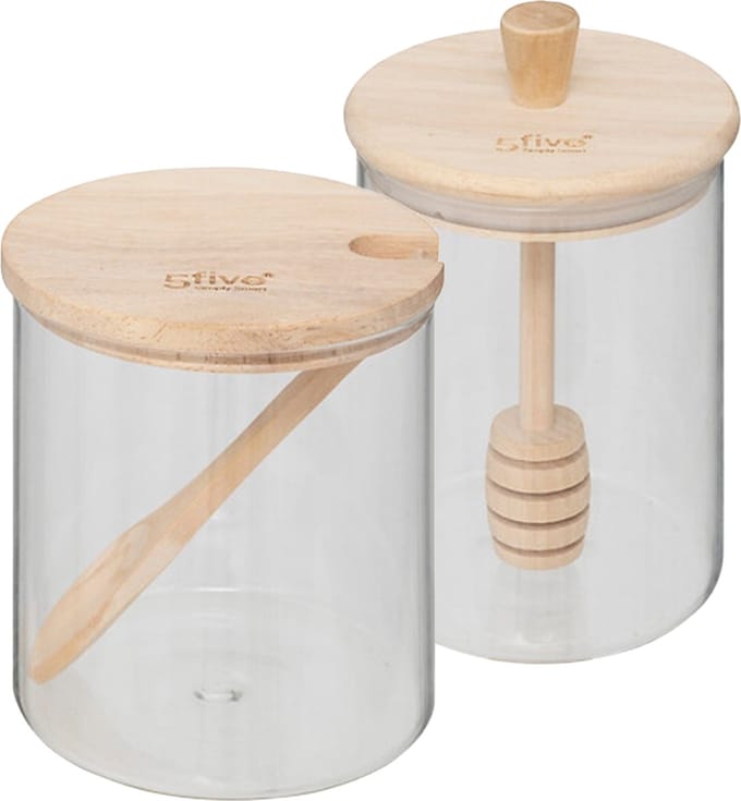 Five suiker- en honingpot set - 400 ml - glas/bamboe - transparant - inclusief lepel