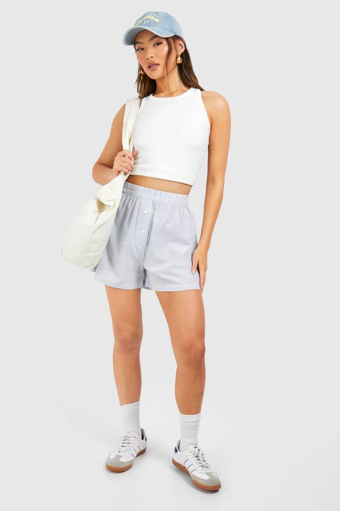 boohoo Dames Linnen Look Pinstripe Shorts | Blue | Maat: 6