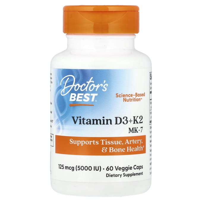 Doctor's Best, Vitamine D3 + K2, MK-7, 60 capsules végétales