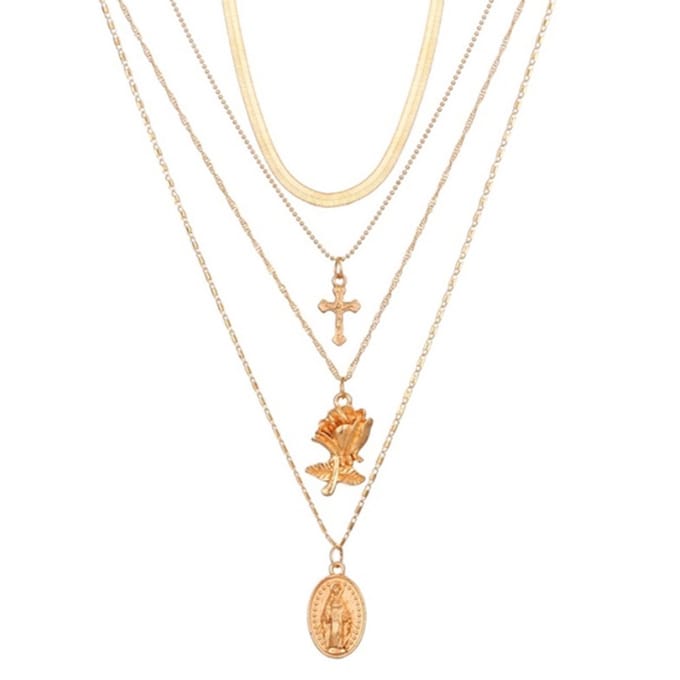 Gelaagde dames ketting goudkleurig Kruis Roos Munt