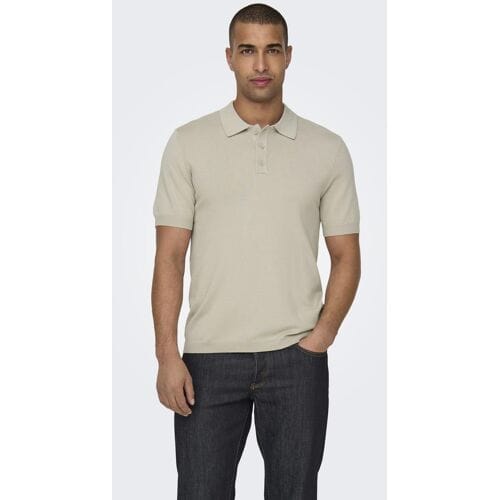 Only & Sons beige heren polo   Punt kraag   Regular fit   Knoopsluiting   Korte mouw Beige M