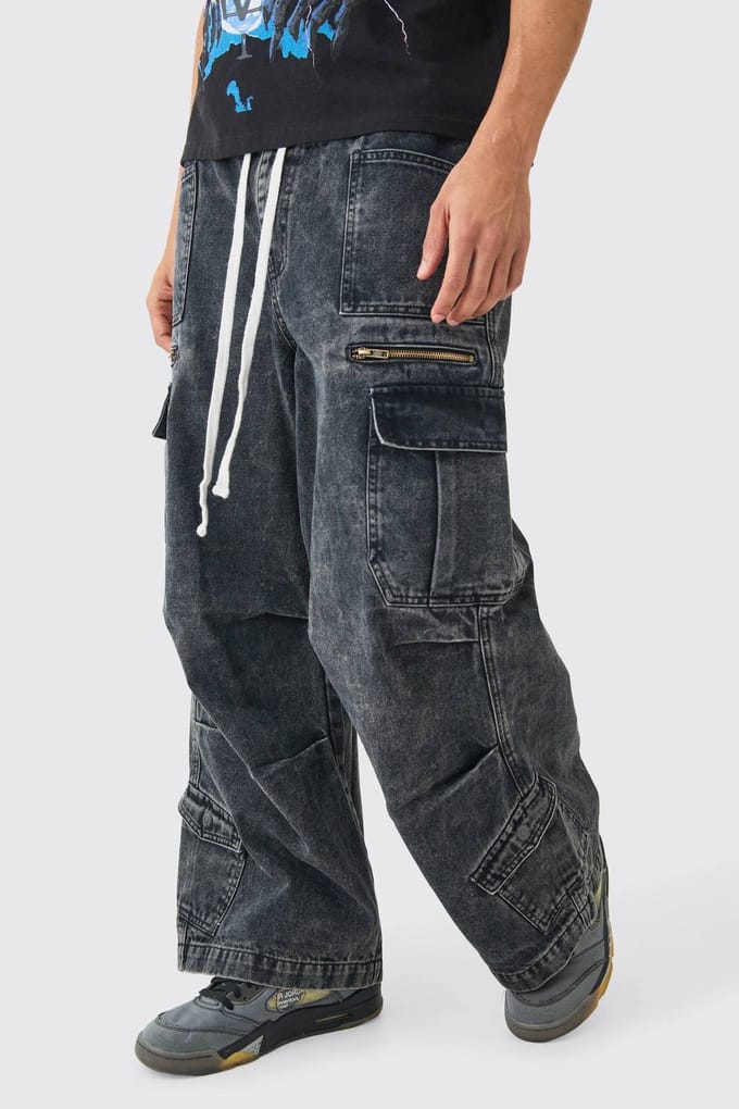 Elastische Taille Acid Wash Parachute Cargo Jeans in Zwart | Black | Size 34R
