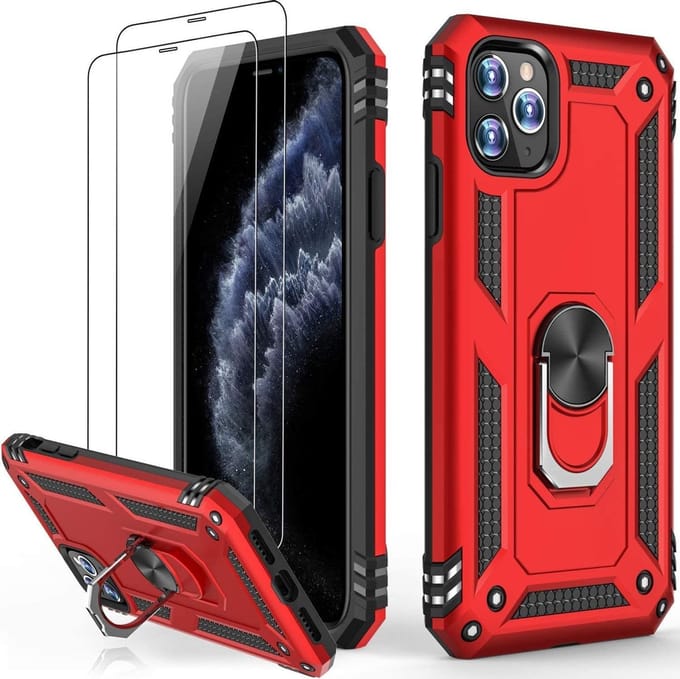 Telefoonhoesje Geschikt voor: iPhone 11 Pro Max hoesje Schokbestendige ring armor met 2X Glas Screenprotector rood