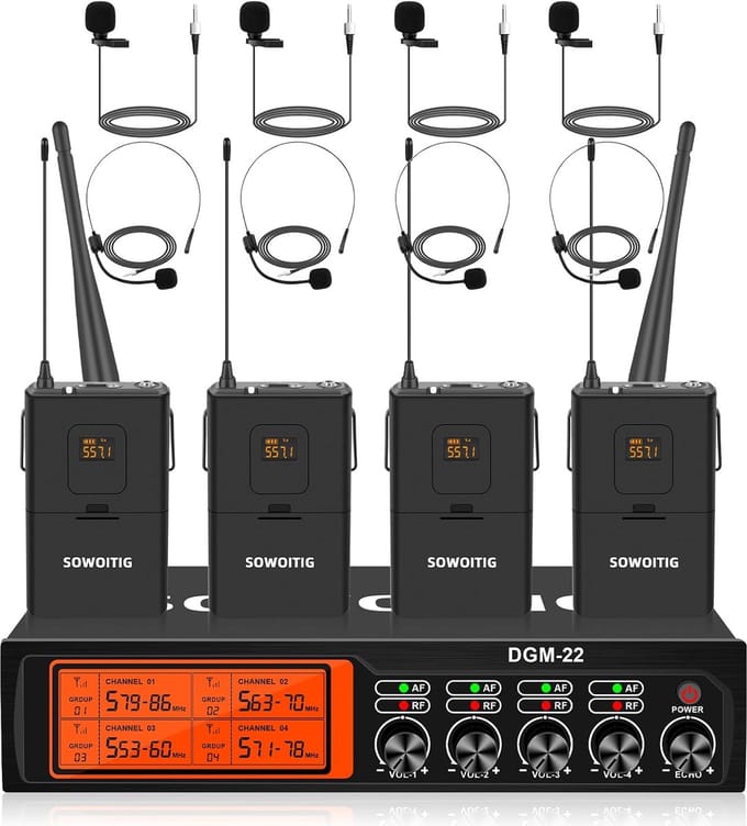 Draadloos Microfoonsysteem - UHF Set - Zang en Spraak - 4 Kanaals Ontvanger - 193 Meter Bereik
