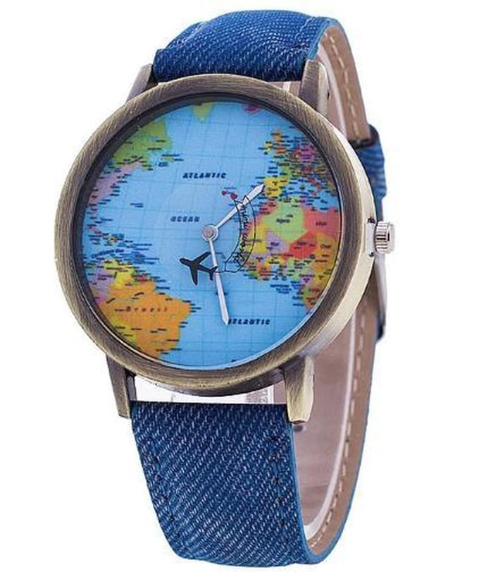 Hidzo Horloge Wereldkaart - Ø 38 mm - Blauw - kunstleer - In Horlogedoosje